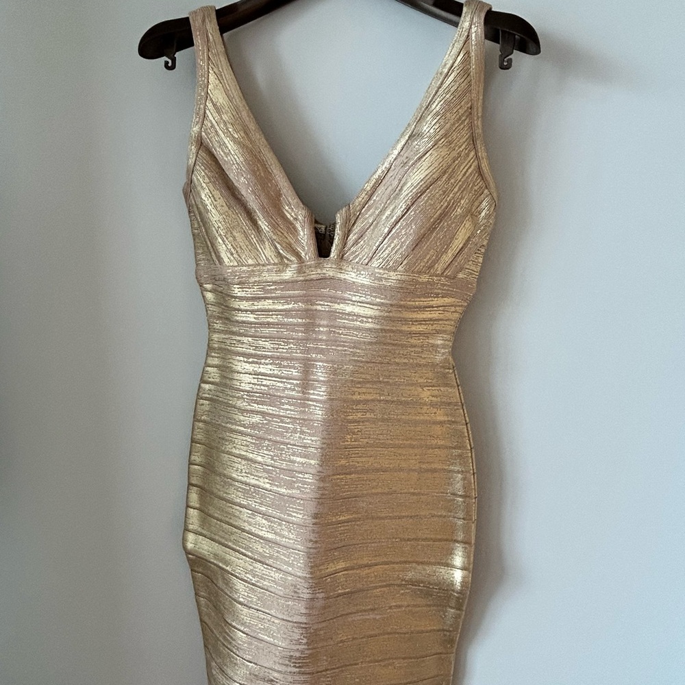 Herve Leger Gold Ruched Bodycon Dress